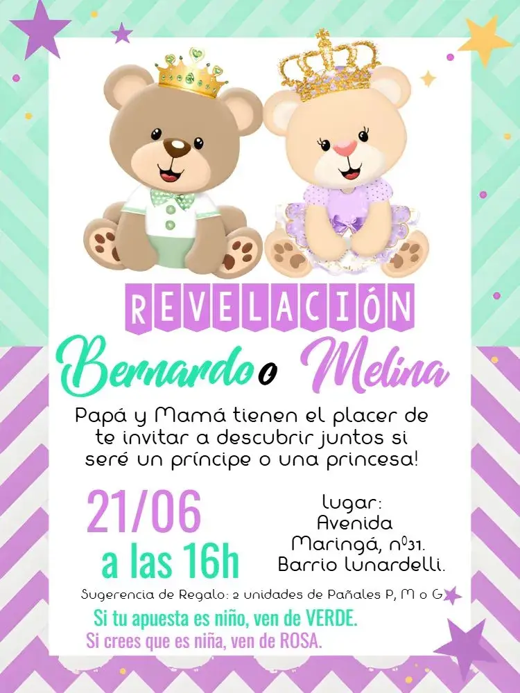 Invitación Invitación Revelación Ositos Realeza Té editable y personalizable