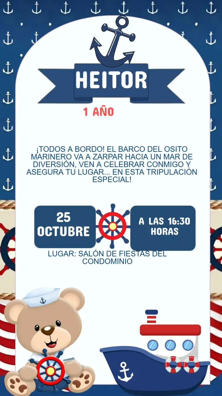 Invitación Cumpleaños Osito Marinero