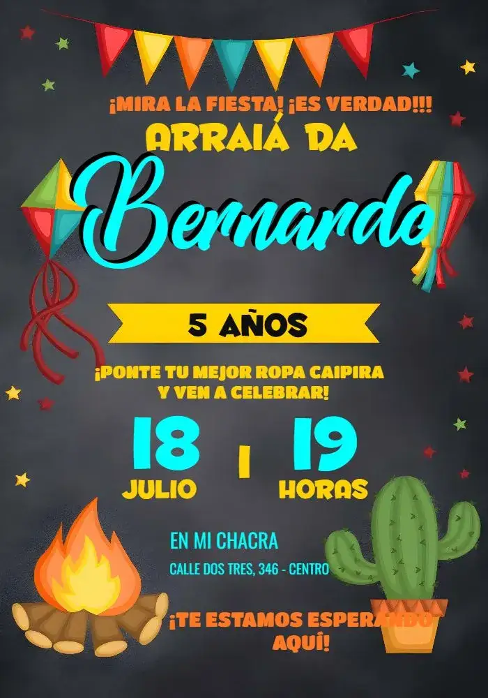 Invitación Fiesta Junina Arraiá Cuadrilla – tema Cumpleaños colorido, tradicional, festivo, vintage, rústico, alegre