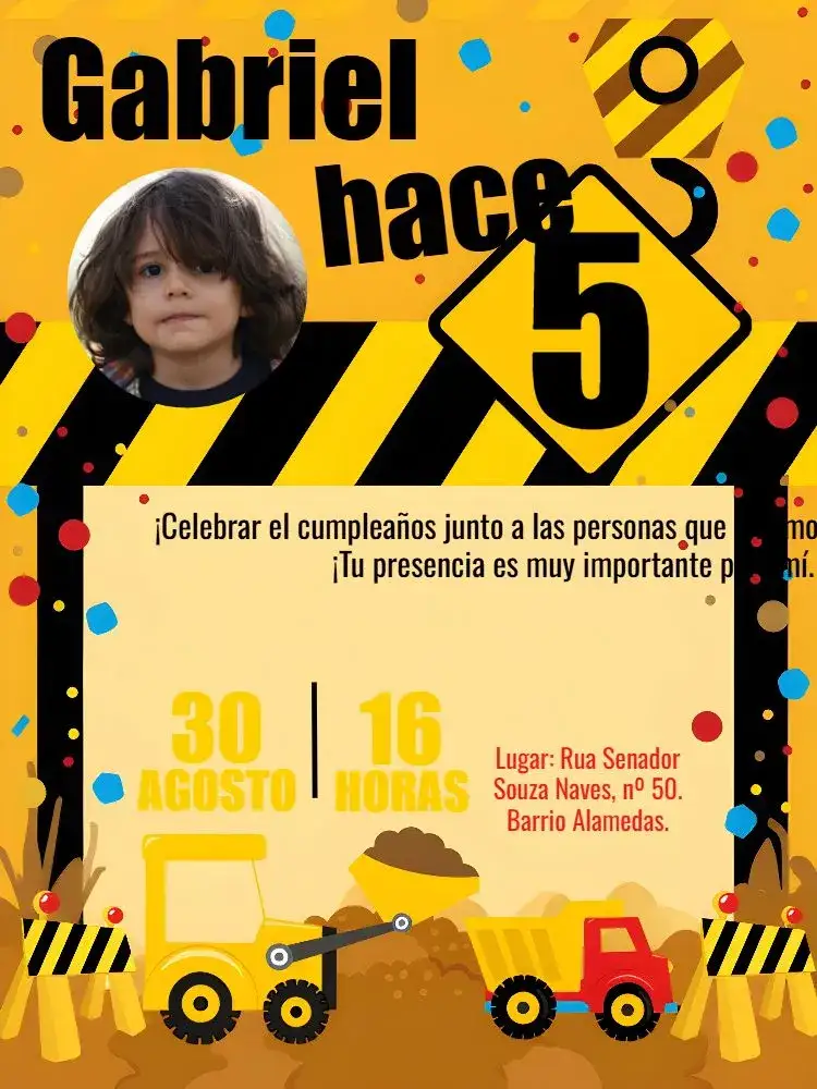 Invitación Construcción Con Foto Rojo – tema Té Rifa rojo, amarillo, negro, máquinas de construcción, infantil, vintage