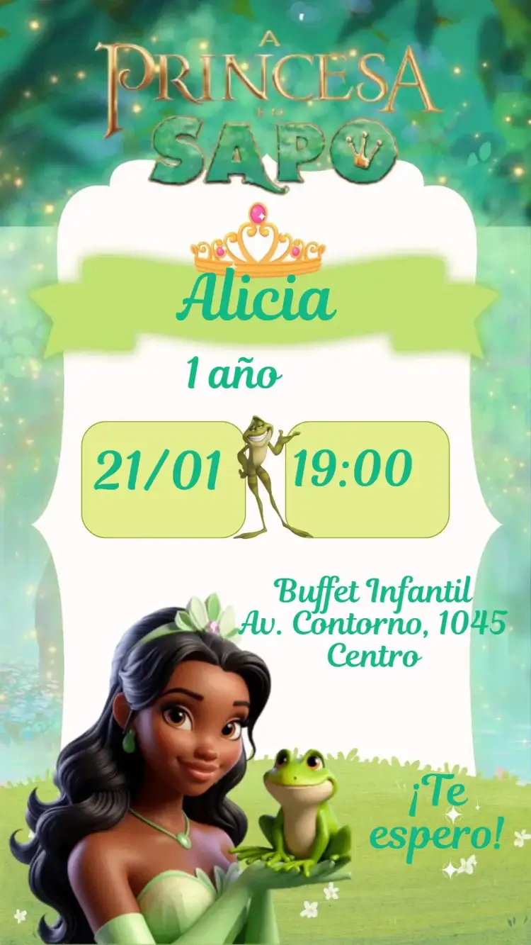 Invitación La Princesa y el Sapo – tema Cumpleaños Infantil colorido, mágico, infantil, ilustraciones de cuentos de hadas, divertido