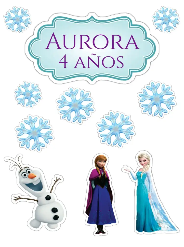 Invitación Frozen – tema Topper de torta azul claro, blanco helado, elementos de nieve, estilo caricatura, ilustraciones de personajes, detalles brillantes