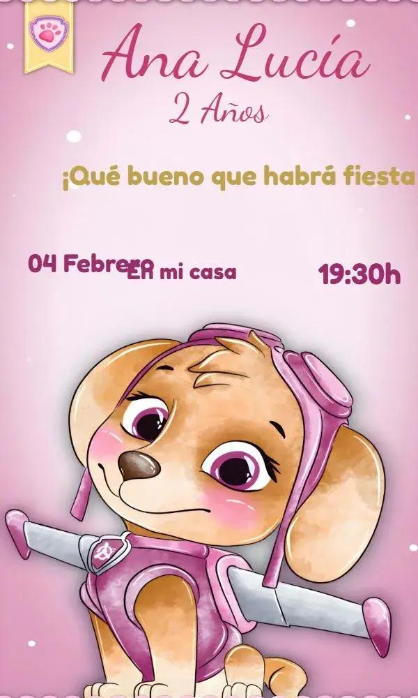 Invitación Cachorro Patrulla Canina Skye Rosa
