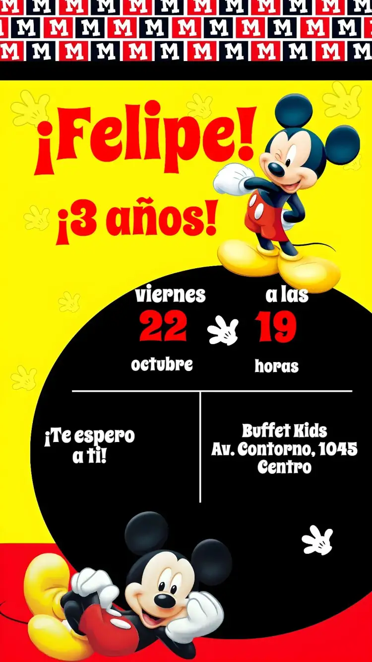 Invitación Mickey – tema Cumpleaños Infantil colorido, divertido, temático, infantil, animado