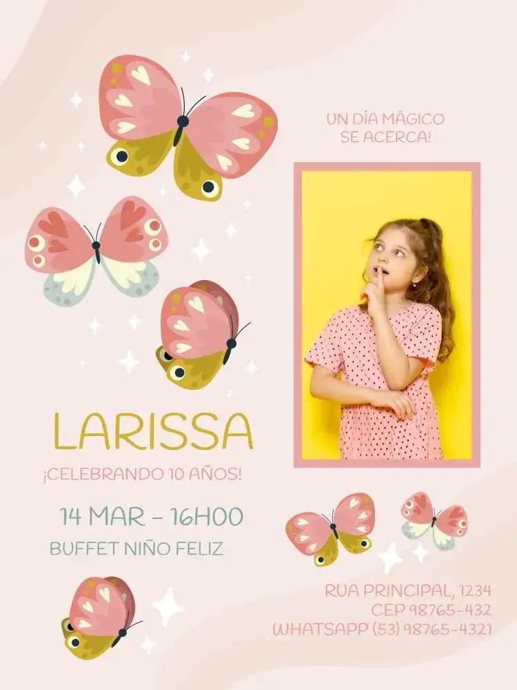 Invitación S De Mariposa Lúdico Con Foto Claro – tema Cumpleaños Infantil elegante, rosado, divertido, sutil, femenino