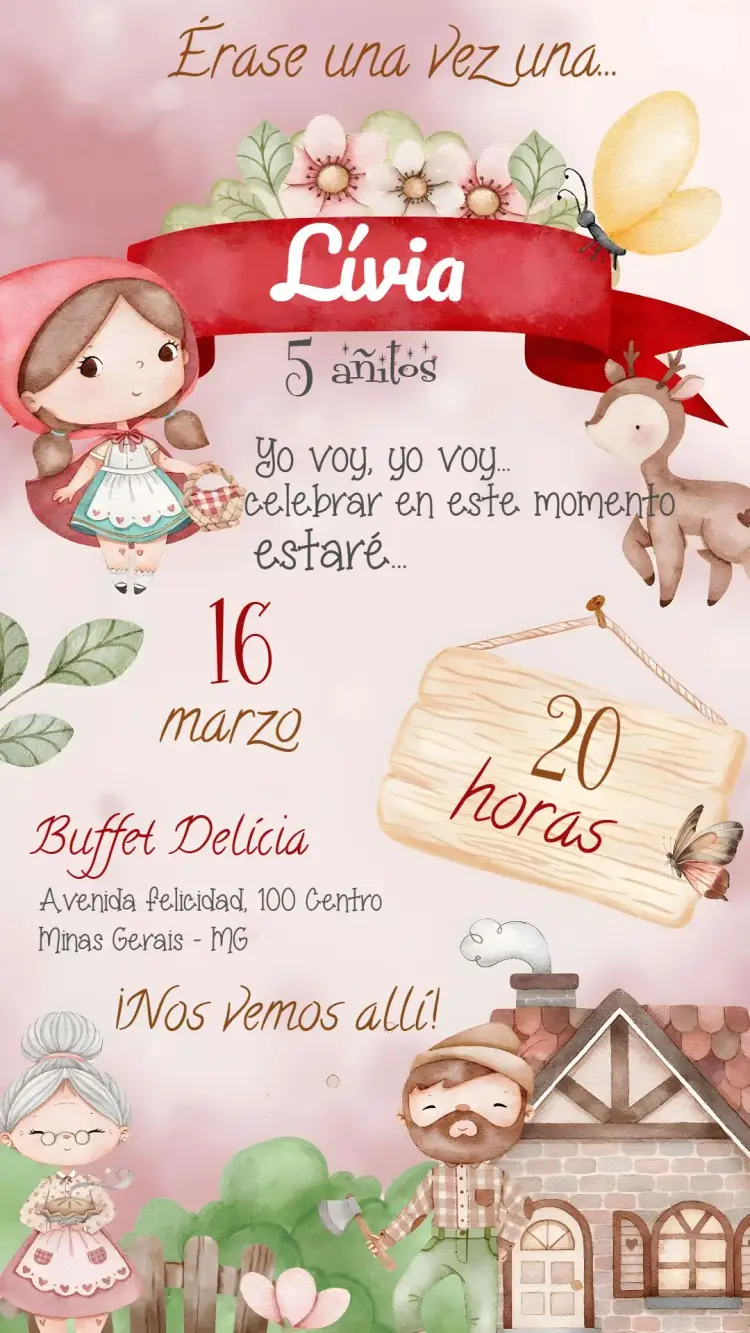 Invitación Caperucita Roja Acuarela Bosque