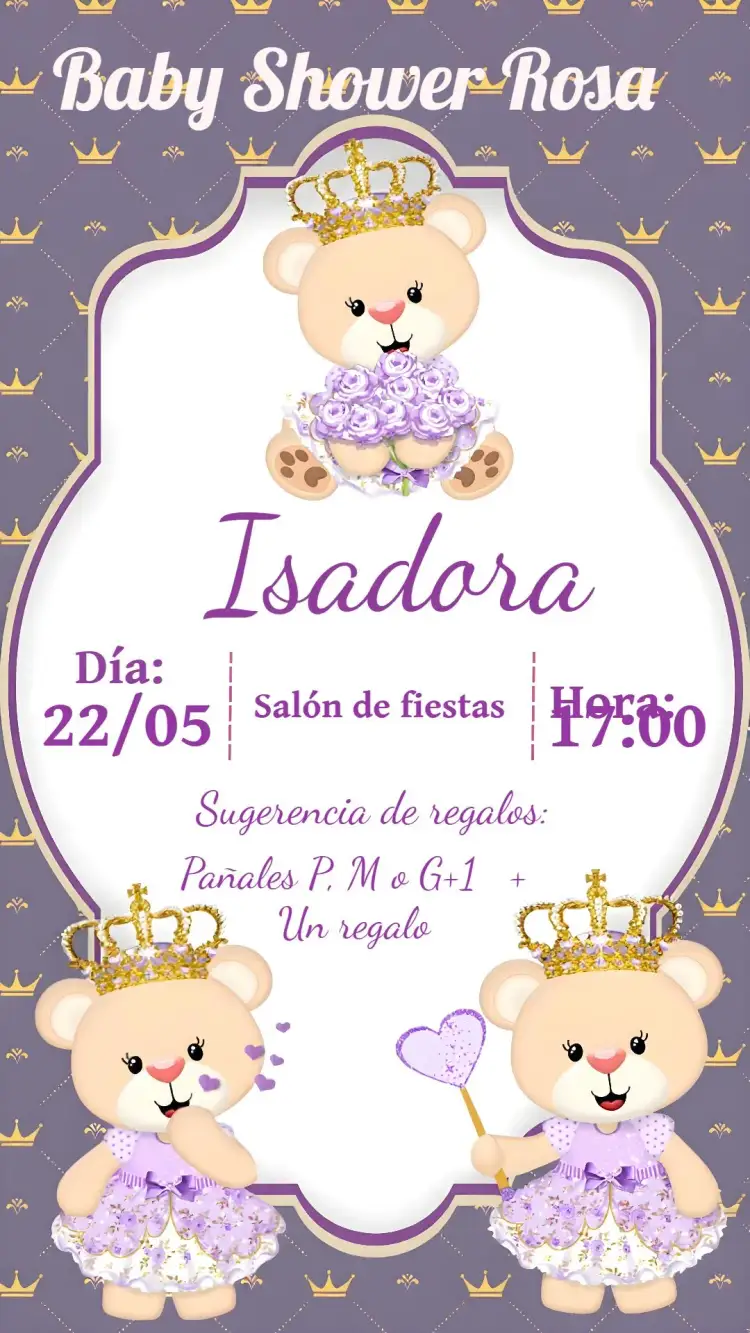 Invitación Baby Shower Osito Princesa Morado – tema Baby Shower lila, púrpura, dorado, purpurina, princesa, infantil