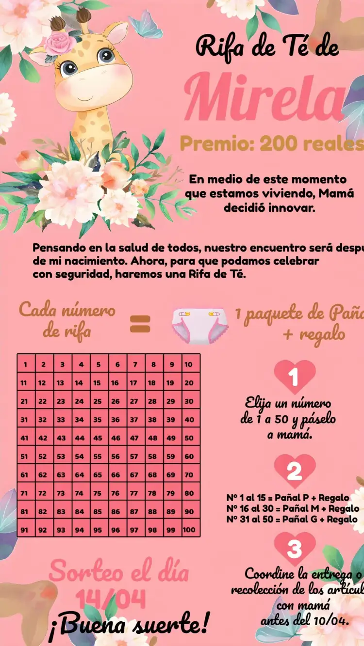 Invitación Rifa de la Jirafita Cartón – tema Té Rifa safari, girafas, floral, colorido, brillo dorado, infantil