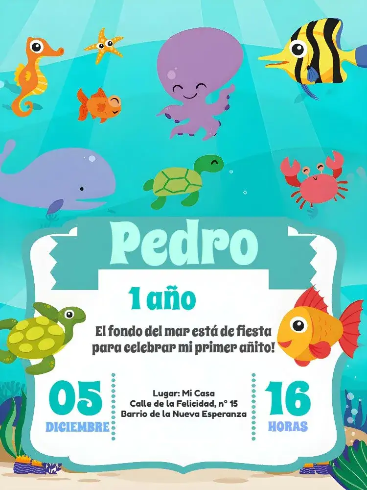 Invitación Fondo Del Mar Pexei – tema Cumpleaños Infantil fondo marino, marinero, colorido, divertido, ilustraciones infantiles, temática oceánica