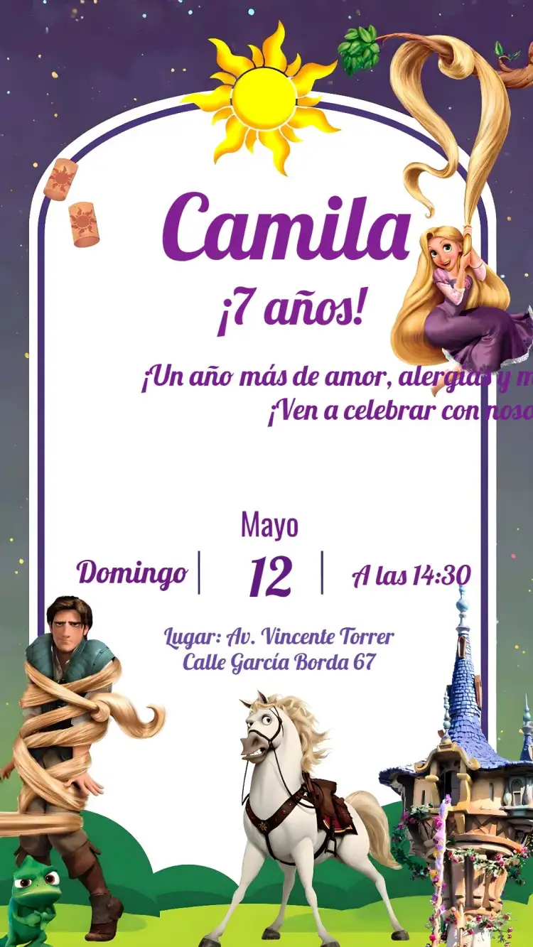 Invitación Aniversario Rapunzel Infantil – tema Cumpleaños Infantil colores pasteles, ilustraciones de princesas, elementos florales, estilo mágico, detalles en dorado, tema de cuento de hadas
