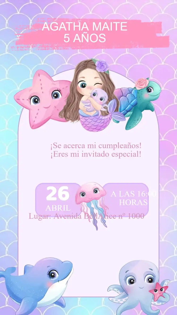 Invitación Cumpleaños Sirena Cute Fondo del Mar