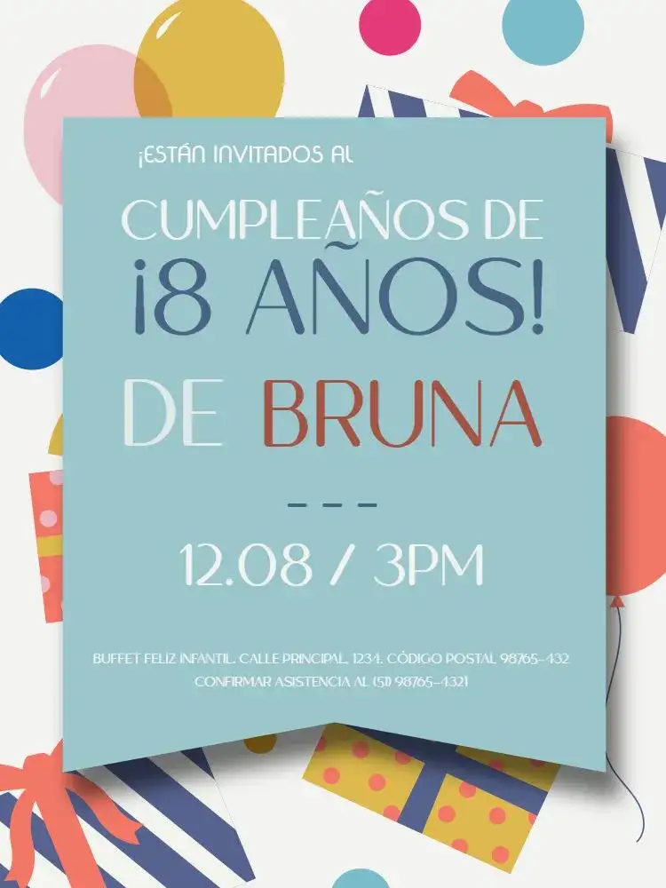 Invitación 8 Años Fiesta Simple – tema Cumpleaños Infantil colorido, divertido, sencillo, infantil, festivo