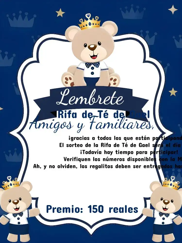 Recordatorio De Baby Shower Rifa Oso Príncipe