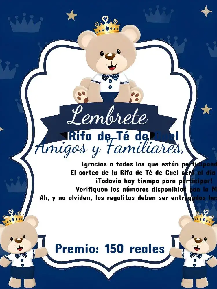 Invitación Recordatorio De Baby Shower Rifa Oso Príncipe – tema Té Rifa azul, negro, blanco, infantil, moderno, tierno
