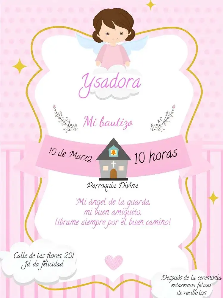 Invitación Bautizo Angelito Rosa – tema Bautismo rosa, blanco, dorado, moderno, delicado, infantil