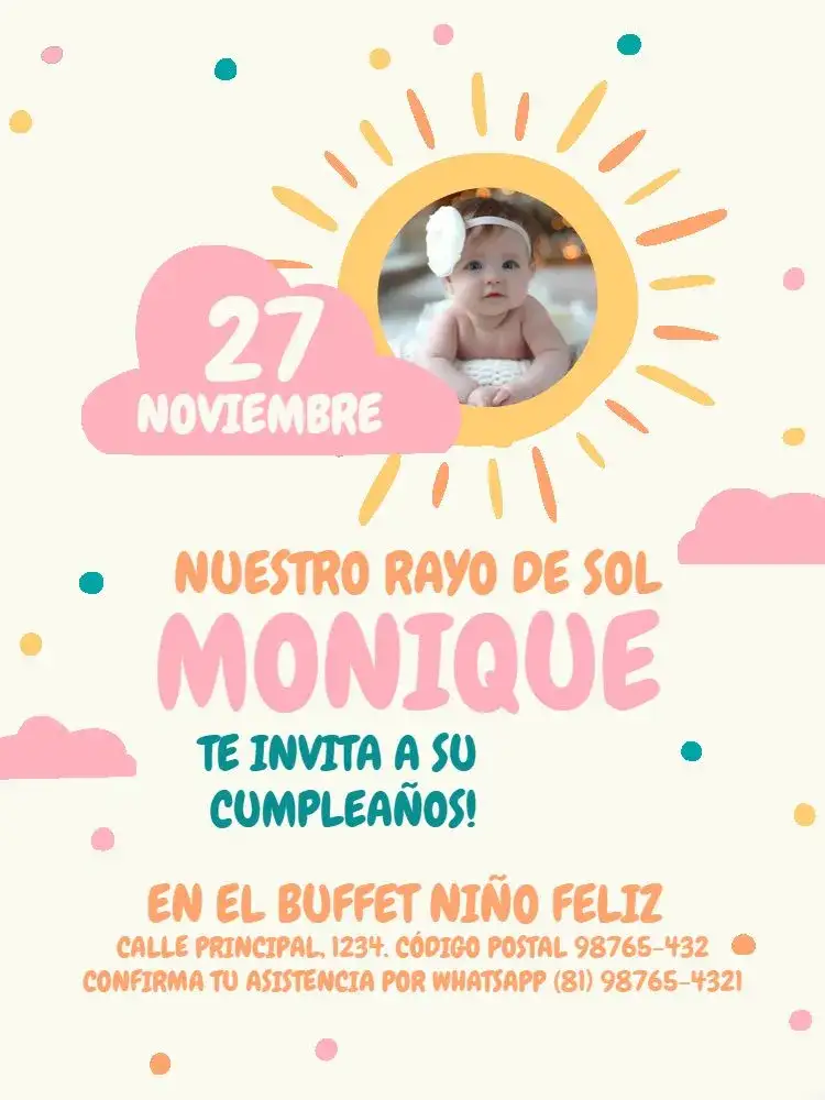 Invitación Rayo De Sol Con Foto Celebración Rosa – tema Cumpleaños Infantil lúdico, colorido, infantil, moderno, floral