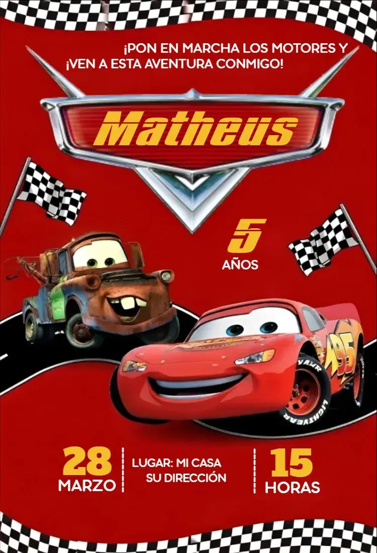 Invitación Coche Disney 1 editable y personalizable