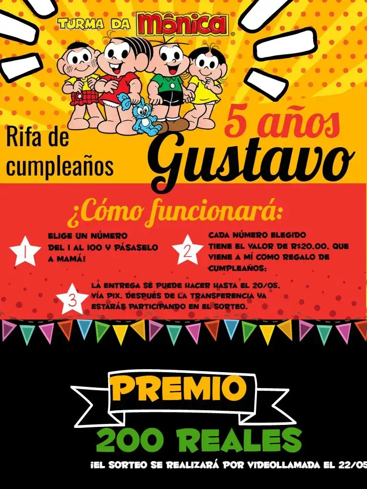Invitación Té Chá Rifa De Turma Da Mônica Amarillo – tema Cumpleaños Infantil amarillo vibrante, personajes infantiles, lúdico, divertido, colorido, fiesta temática
