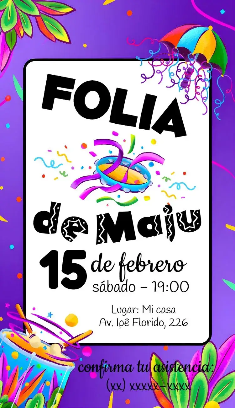 Invitación Fiesta Carnaval Confeti – tema Fechas Conmemorativas colorido, festivo, brillante, divertido, tropical