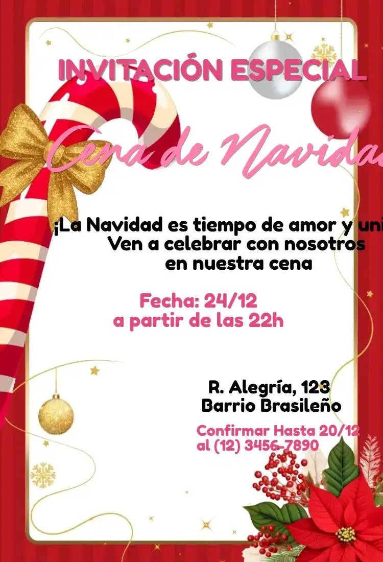 Invitación Cena de Navidad – tema Tarjeta navideño, dorado, rojo y verde, vintage, minimalista, festivo