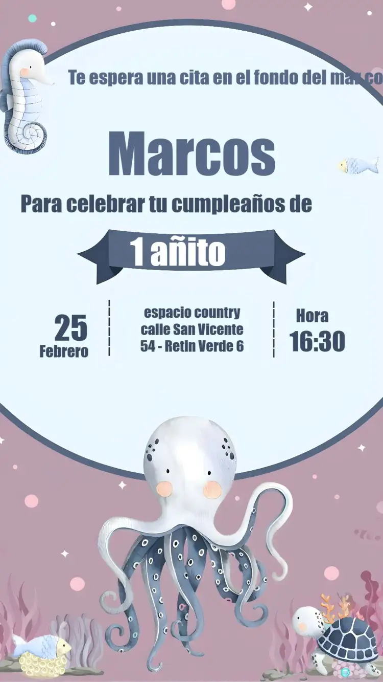 Invitación Fondo Del Mar Pulpo – tema Cumpleaños Infantil oceánico, colorido, divertido, infantil, temático, marino