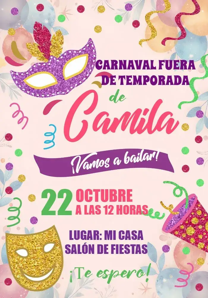 Invitación Carnaval Máscara – tema Fechas Conmemorativas colorido, vibrante, divertido, festivo, tropical, carnavalesco