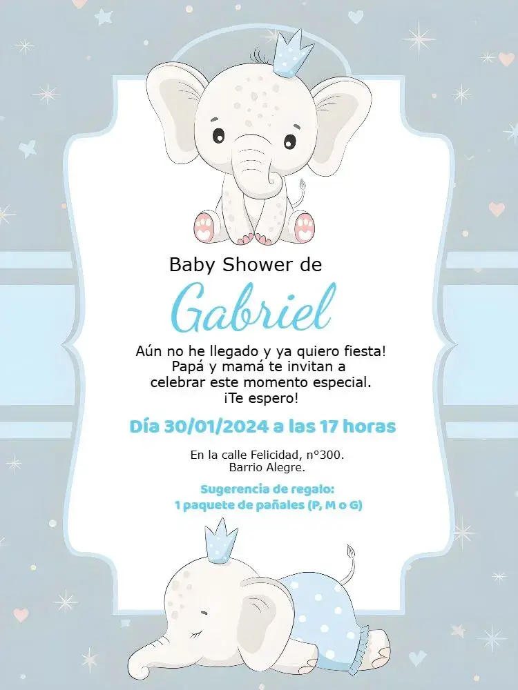 Invitación Baby Shower Elefantito Azul