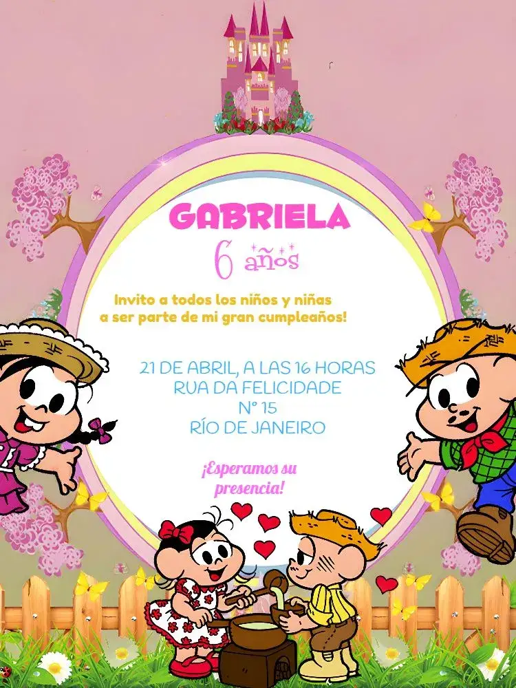 Invitación Turma Da Mónica Amarillo – tema Cumpleaños Infantil a rayas, colorido, infantil, divertido, moderno