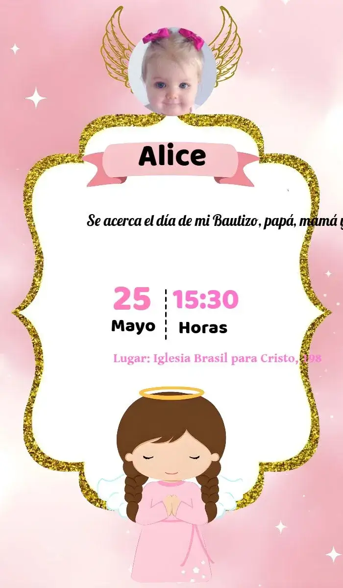 Invitación Bautizo Niña Brillo Con Foto Dorado – tema Primera Comunión brillo, dorado, rosa, minimalista, moderno, elegante