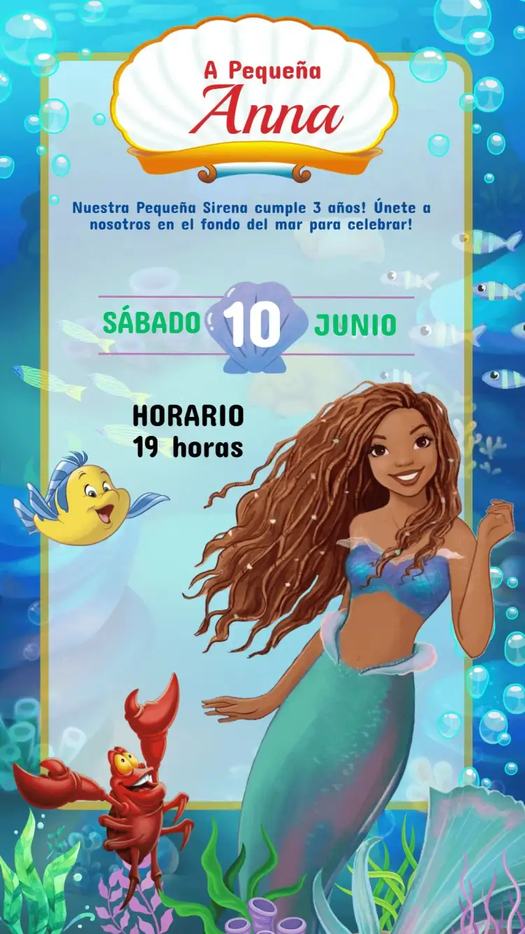 Invitación Invitación Cumpleaños Infantil La Sirenita Ariel Película – tema Cumpleaños Infantil azul marino, colorido, de fantasía, ilustración infantil, brillo