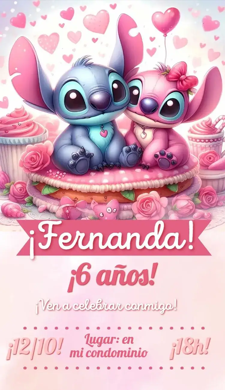 Invitación Stitch y Angel pasteles rosa – tema Cumpleaños Infantil colores pasteles, Disney, ilustraciones divertidas, temática infantil, estilo alegre