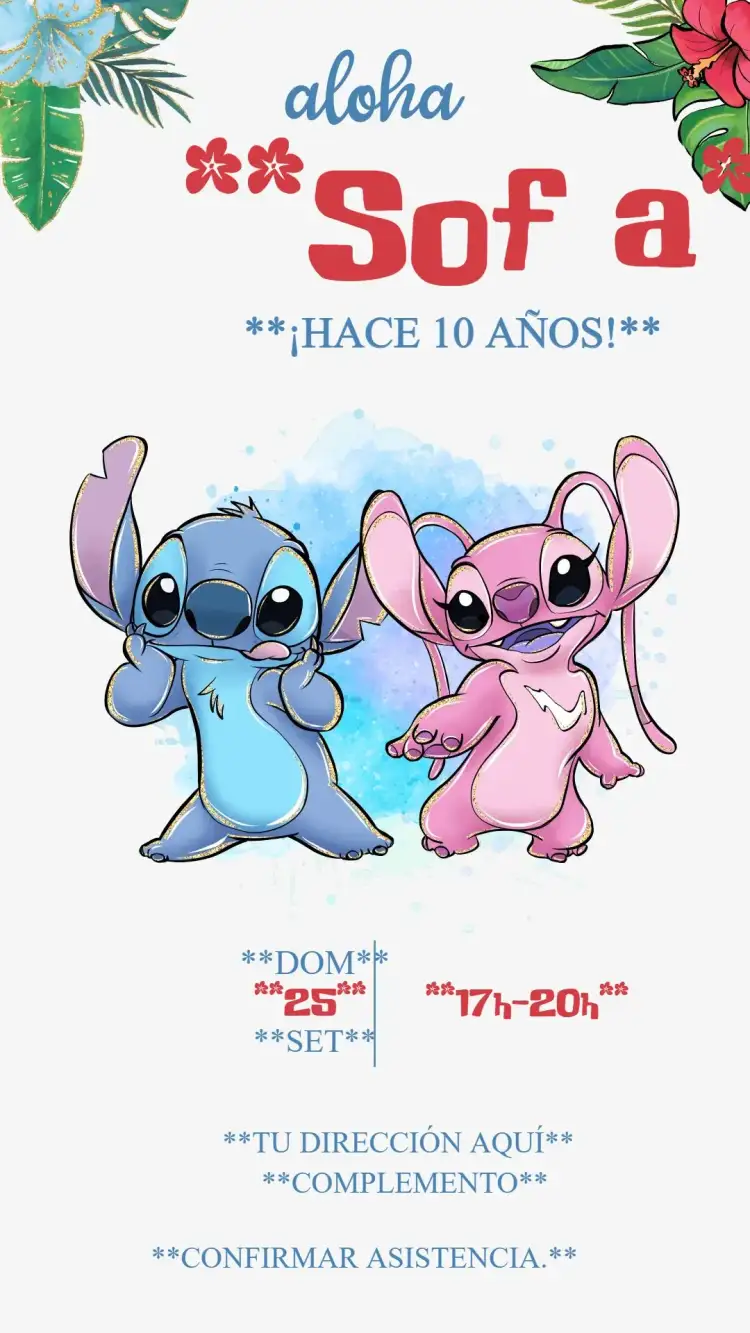 Invitación Stitch Angel – tema Cumpleaños Infantil colorido, divertido, animado, tropical, infantil, temático