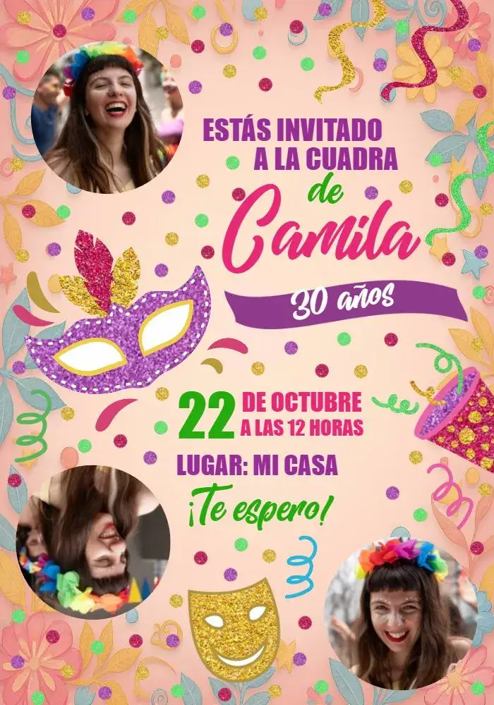 Invitación Carnaval Con Fotos Máscara – tema Fechas Conmemorativas colorido, festivo, alegre, vibrante, temático, divertido