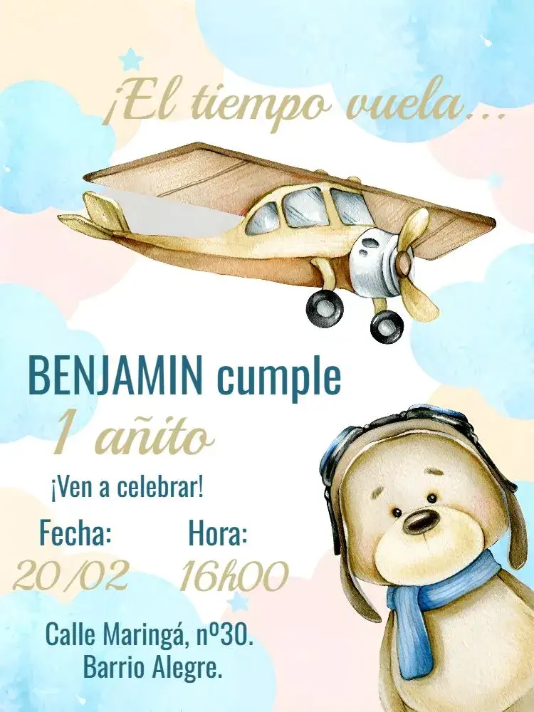 Invitación Oso Aviador Aviador – tema Baby Shower azul, dorado, blanco, aviador, infantil, lúdico