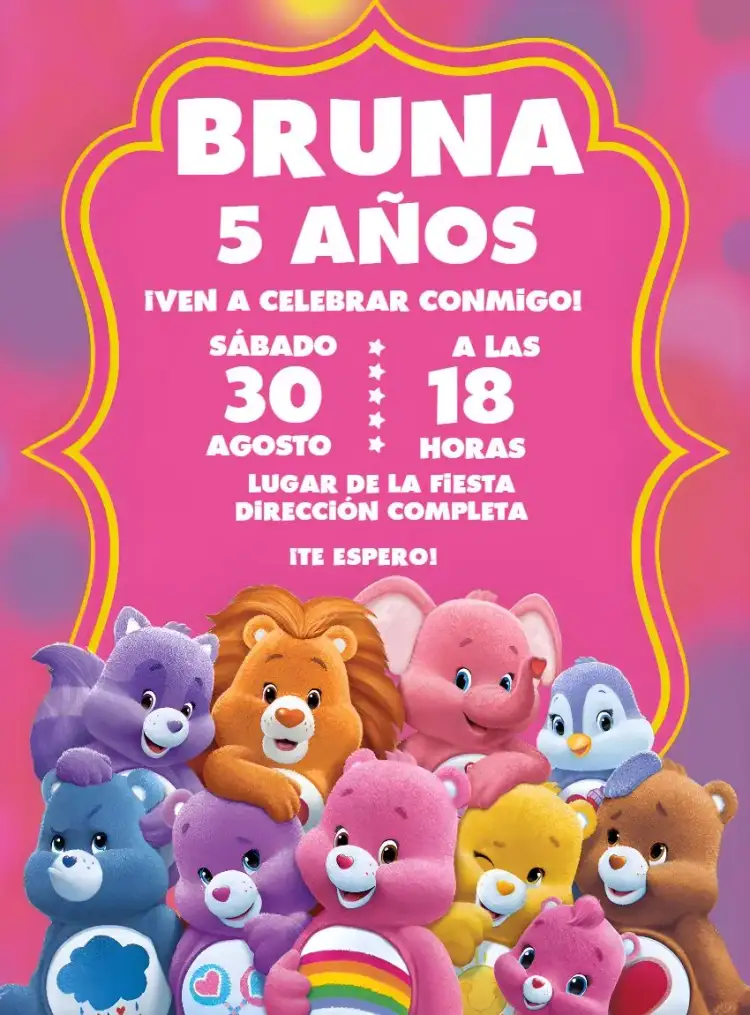 Invitación Osos Cariñosos Rosa – tema Cumpleaños Infantil colores pasteles, ilustraciones de animales, diseño lúdico, estilo animado, elementos florales, tema rosa y morado