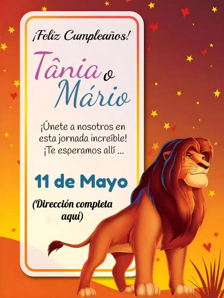 Invitación Rey León Modelo – tema Cumpleaños Infantil colorido, temático, divertido, animales, sabana, vibrante