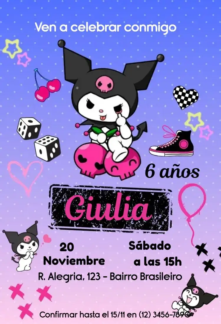 Invitación Kuromi – tema Cumpleaños Infantil colorido, divertido, temático, infantil, fofo
