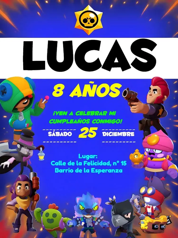 Invitación Brawl Stars Azul editable y personalizable