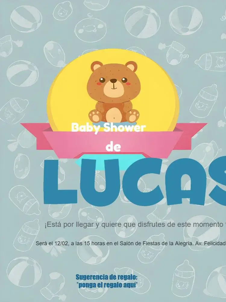 Invitación Baby Shower Osito Azul - Niño Bebé – tema Baby Shower azul claro, osos de peluche, infantil, lúdico, divertido, moderno