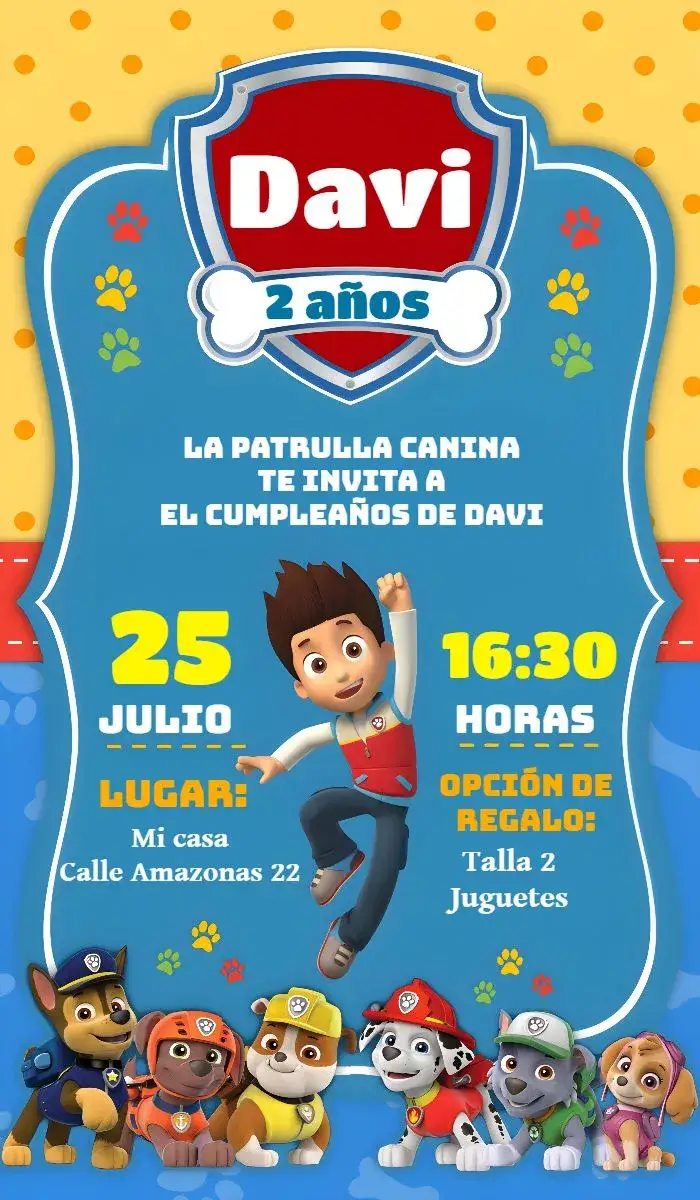 Invitación Patrulla Canina Negro – tema Cumpleaños Infantil colorido, divertido, infantil, aventura, heróis