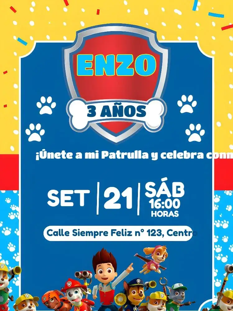 Invitación Patrulla Canina Patrow – tema Cumpleaños Infantil azul, divertido, temático, animado, infantil