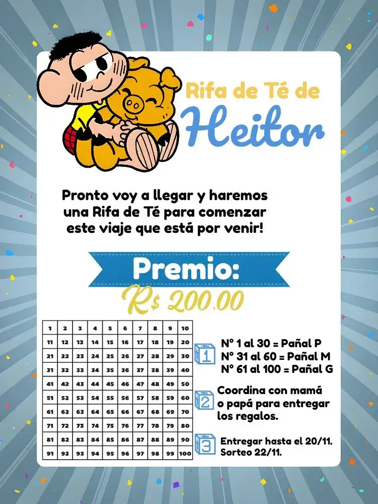Invitación Chá Rifa Cascão Raflle – tema Té Rifa colorido, divertido, infantil, turma da Mónica, animado