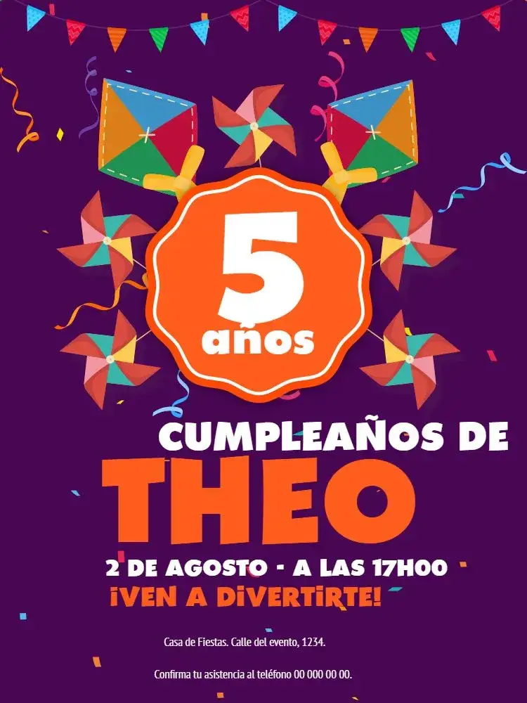 Invitación Cataventos Y Cometas Banderines – tema Cumpleaños Infantil colorido, juguetón, festivo, lúdico, infantil