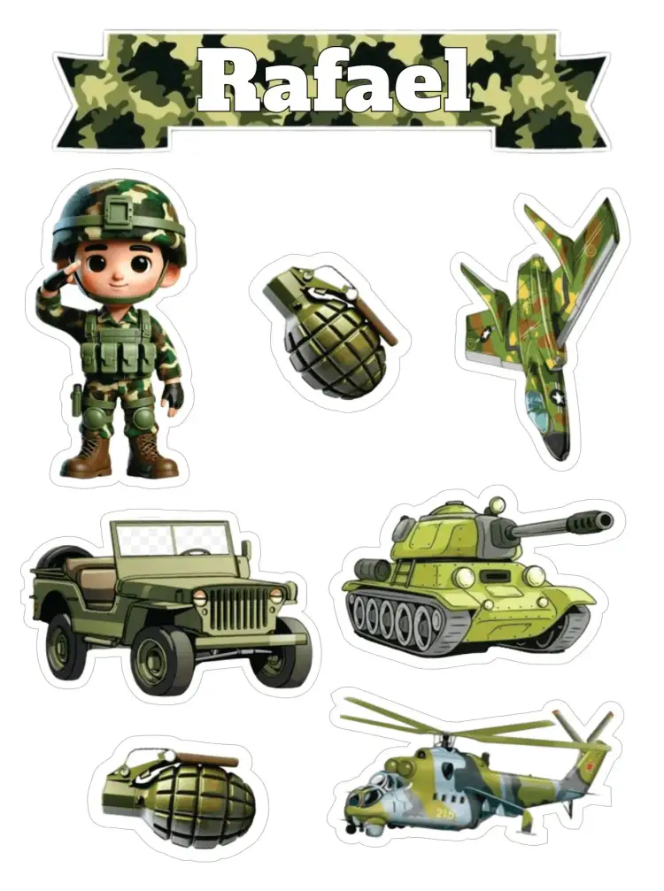 Invitación Ejército – tema Topper de torta militar, aventura, divertido, colorido, jovial