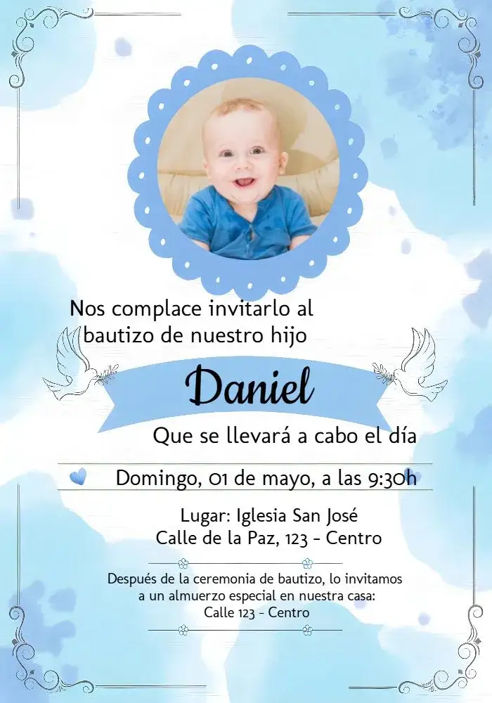 Invitación Bautizo Niño Con Foto Blanco – tema Bautismo blanco, azul, minimalista, elegante, moderno, limpio