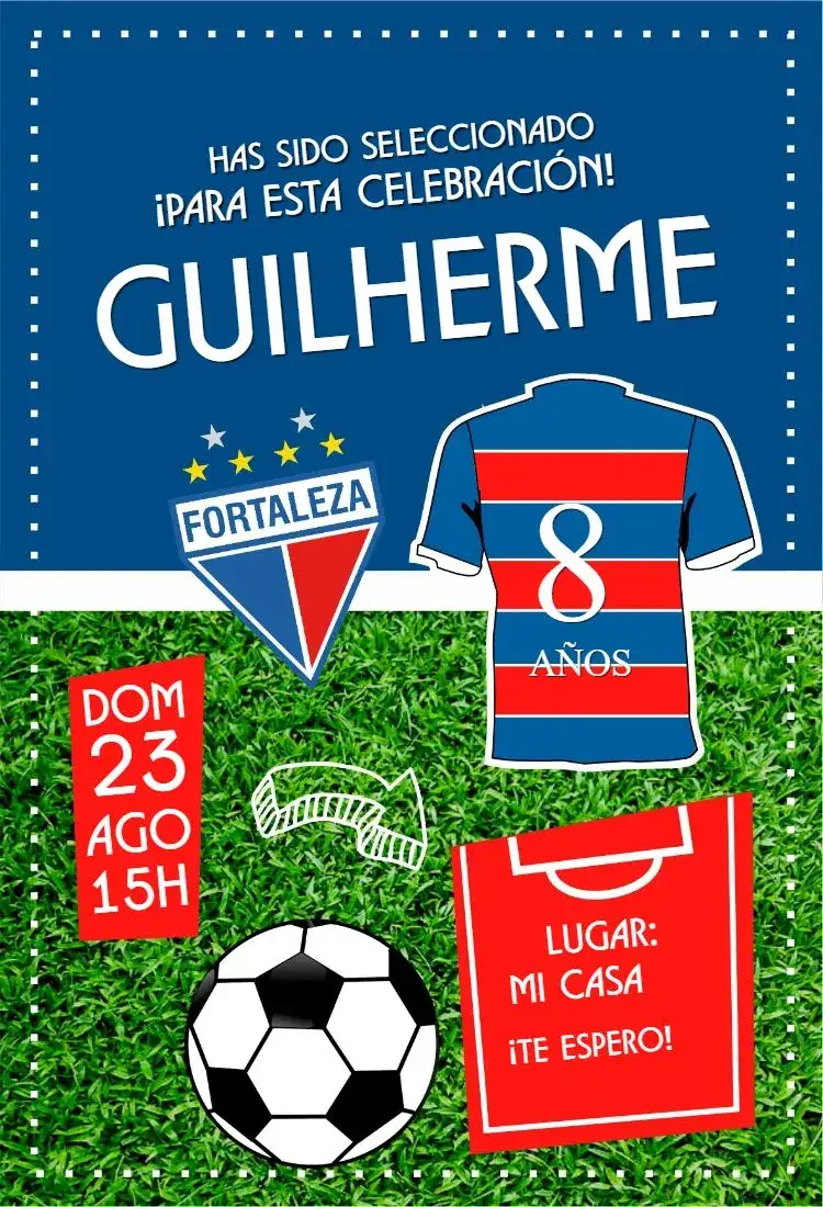 Invitación Camiseta de Fortaleza – tema Cumpleaños fútbol, vibrante, deportivo, temático, colorido, moderno
