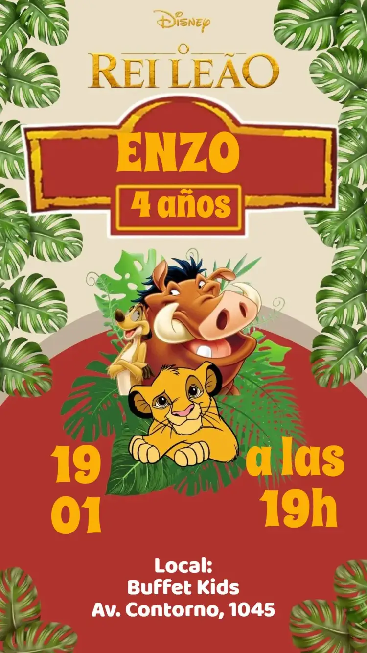 Invitación El Rey León – tema Cumpleaños Infantil colorido, temático, divertido, animales, naturaleza, aventura