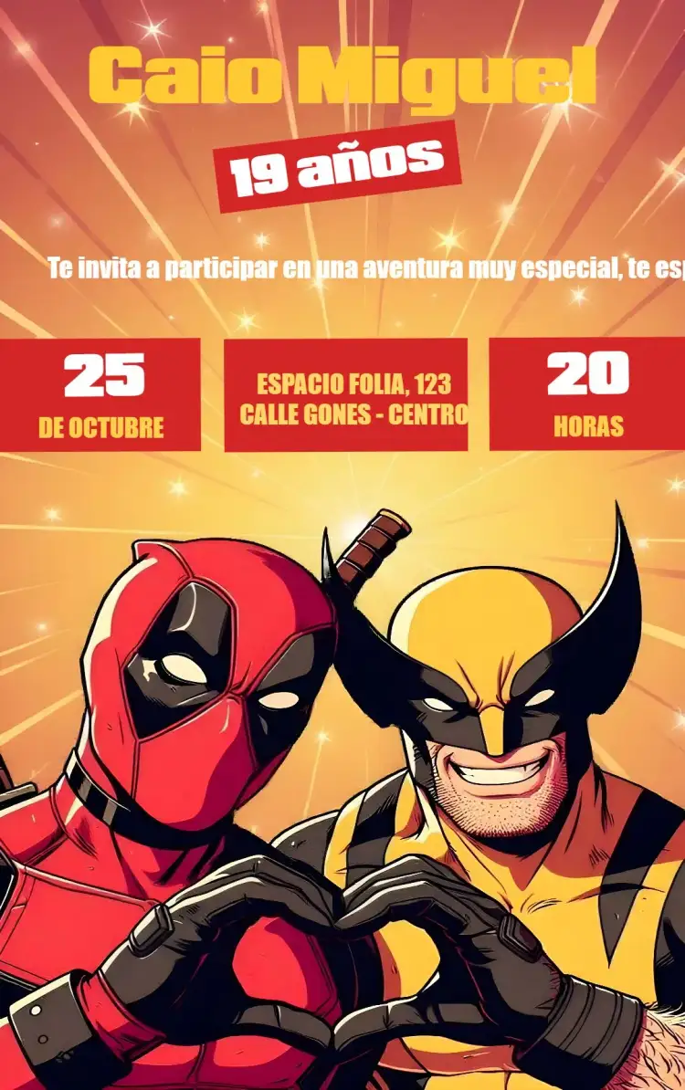 Invitación Deadpool X Wolverine Amarillo – tema Fechas Conmemorativas historietas, colorido, moderno, humorístico, vibrante
