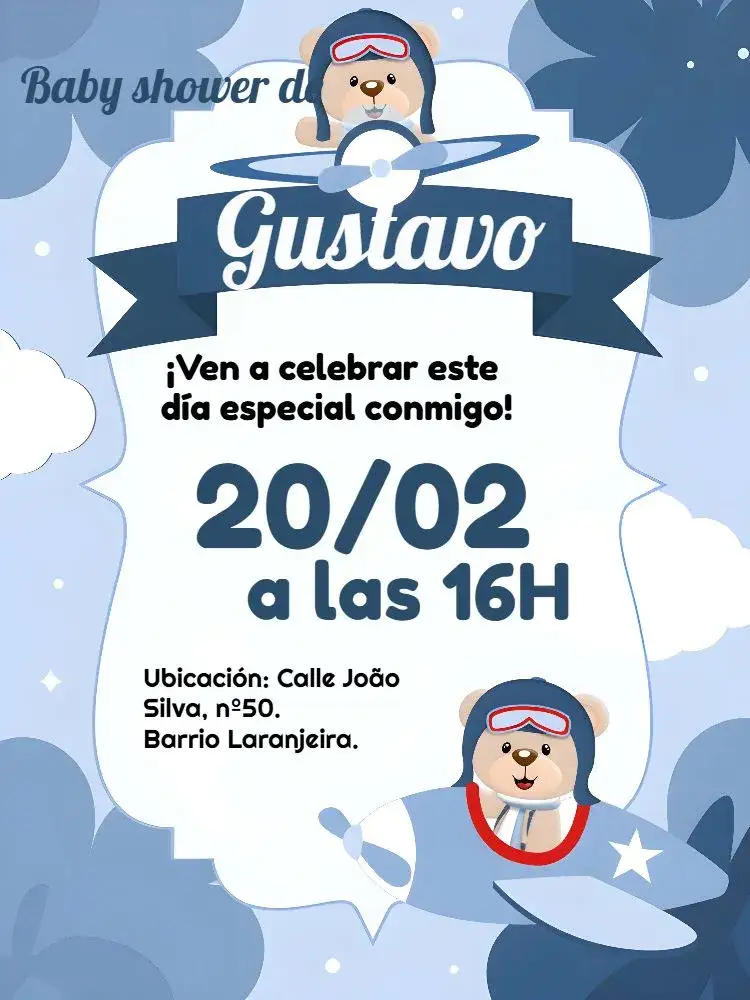 Invitación Baby Shower Aviator Teddy Bear Black – tema Baby Shower moderno, divertido, aeroespacial, azul y blanco, nubes, osos de peluche