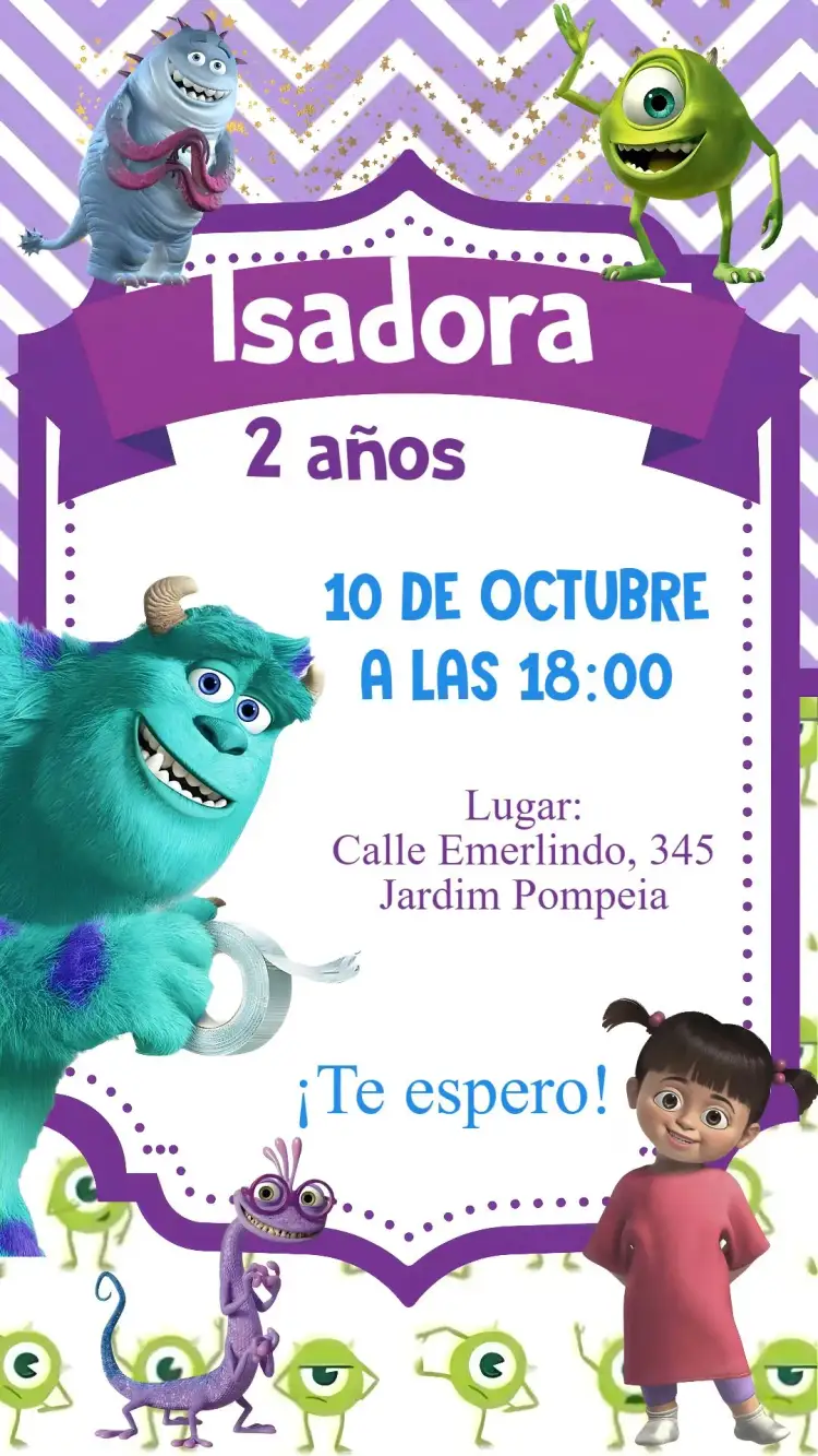 Invitación Monstruos SA – tema Cumpleaños Infantil monstruos, animación, infantil